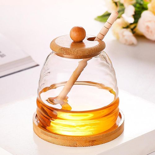 product_image_name-Generic-Glass Honey Jar Dispenser with Wooden Lid Dipper Stick and Bamboo Base Stand Transparent Ribbed Storage Container for Honey Syrup Liquid Pouring (550ml) Honeycomb Tank Kitchen Tools Honey Storage Container -3