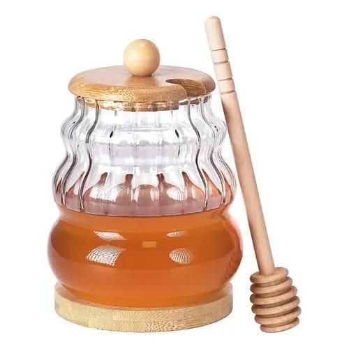 product_image_name-Generic-Glass Honey Jar Dispenser with Wooden Lid Dipper Stick and Bamboo Base Stand Transparent Ribbed Storage Container for Honey Syrup Liquid Pouring (550ml) Honeycomb Tank Kitchen Tools Honey Storage Container -5