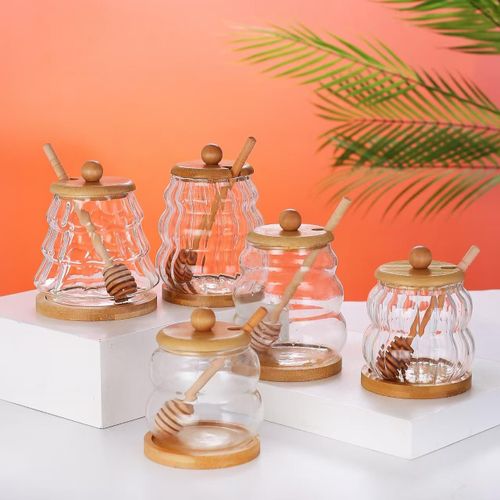 product_image_name-Generic-Glass Honey Jar Dispenser with Wooden Lid Dipper Stick and Bamboo Base Stand Transparent Ribbed Storage Container for Honey Syrup Liquid Pouring (550ml) Honeycomb Tank Kitchen Tools Honey Storage Container -8
