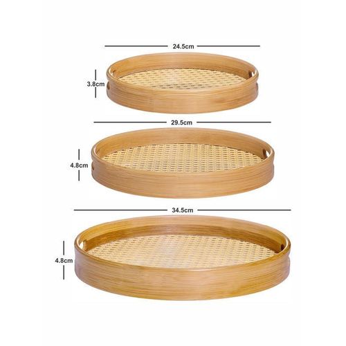 product_image_name-Generic-Bamboo Weaving Sieve Wooden Round Serving Tray Set of 3pcs Decoration Platter- Cream-1
