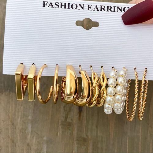 product_image_name-Fashion-6 Pieces Vintage Earrings Pearls Set For Women - Gold-1