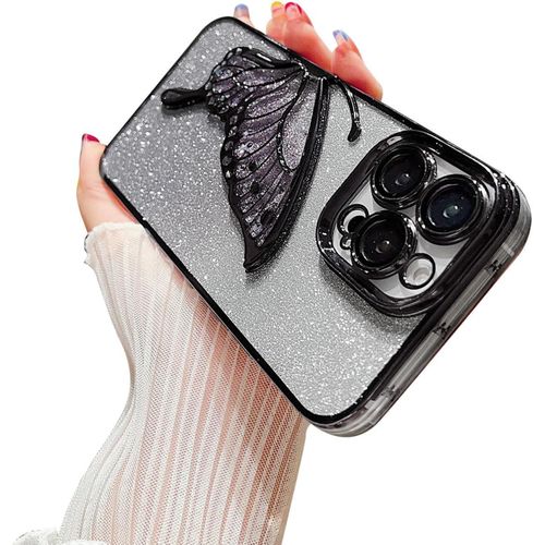 product_image_name-Generic-IPhone 11 12 13 14 Pro  Max Case With Luxury Glitter Cute Butterfly Plating Design Phone Cases Camera Protection Shockproof Cover -Black-4