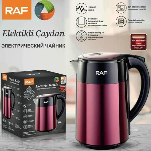 product_image_name-RAF-2L Electric Stainless Steel Cordless Kettle Double Layer Tea Kettle With Scaled Window Water Kettle And360 Degree Rotating Base- Maroon-1