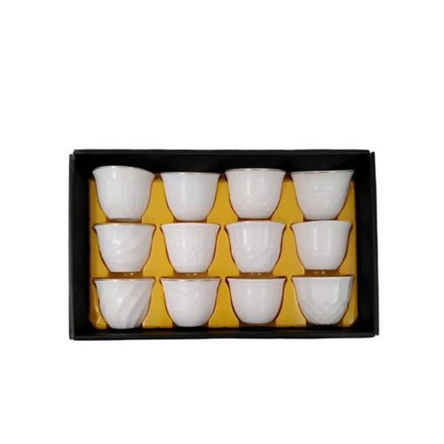 product_image_name-Generic-12 white ceramic cups with a gold-rimmed edges, arranged in  a black presentation box with a yellow foam insert that holds each cup separately  -1