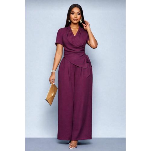 product_image_name-Generic-Plus Size Women Solid Color Wrap Tie Front Top And Shorts Casual 2 Pieces Set-1