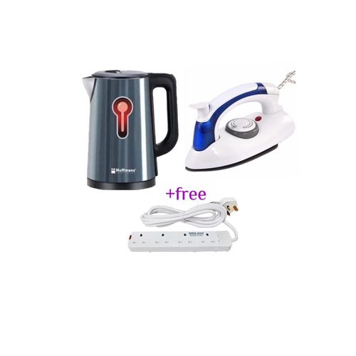 product_image_name-Hoffmans-Pack Of Original 2.5Ltrs Electric Tea Kettle For Boiling Water Stainless Steel Double Wall Hot Water Boiler With Automatic Shut Off & Boil-Dry Protection Plus A Mini Foldable Travel Steam Flat Iron Box And A FREE Generic 4 Way Extension Cable - Multicolor-1