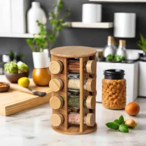 product_image_name-Generic-Kitchen Countertop Glass Rotating Airtight Seasoning Spice Rack 16 Spice Jars Storage  Revolving Bamboo Organizer Decorative Bottles- Multicolor-4