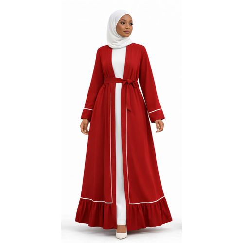 product_image_name-Fashion-Ruffle Hem Abaya, Contrast Piping Dress, Open Front Maxi, Belted Modest Gown, Kimono Style Abaya, Tiered Long Dress, Formal Modest Wear.-1