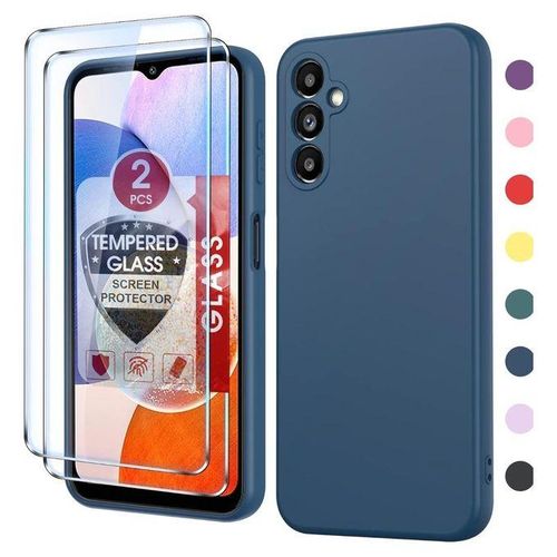product_image_name-Samsung-Galaxy A14 Luxury Soft Rubber Liquid Silicone Skin Touch Feel Cover Case With 2 Screen Shield A14 Cover With Screen cover  Blue-1