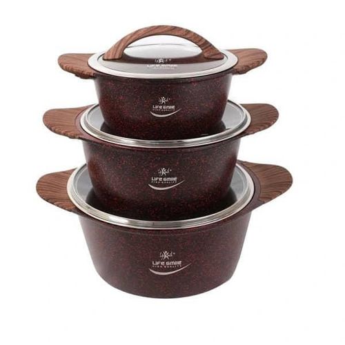 product_image_name-Life Smile-Granite Induction Cookware Set, 20-24-28 cm, Aluminium, 3 High Pots Saucepans, Glass Lid, Eco-Friendly, Non-Stick Coating, PFOA-Free, Wooden Handles, Glass Ceramic, Gas- Multicolor-1