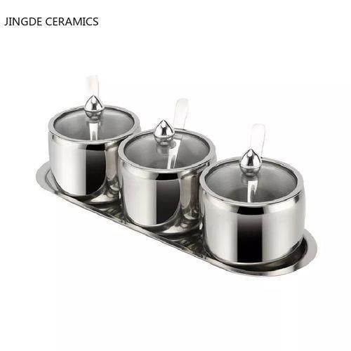 product_image_name-Generic-3 Pc Seasoning Containers Spice Jar Rack Condiment Salt Pepper Sugar Storage Organizers with Serving Spoons - Silver.-2