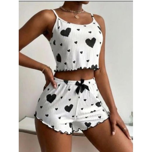 Fashion Women’s 2-Piece Ribbed Pajama Set – Cami Crop Top & High-Waisted Heart Print Shorts
