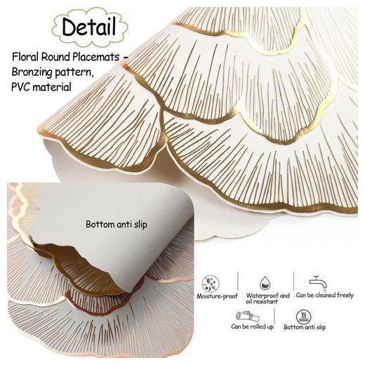 Generic 6 PCS Floral Washable Round Placemats Vinyl Metallic Shiny Placemats, Heat Resistant Reusable Table Mats for Wedding Party Kitchen Centerpieces Decorations - image 2