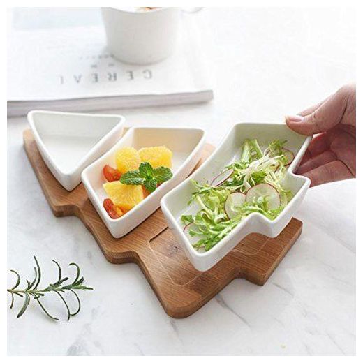 Generic Snack Appetizer Trays Fruit Bowl Set, Holiday Shaped Party Plate Christmas Tree Dessert Serving Dishes, Nut Snack Platter, 3 pcs Removable Porcelain Ceramic Plates with Bamboo Board Tree Tray Breakfast Plate Home for Living Room and Kitchen
