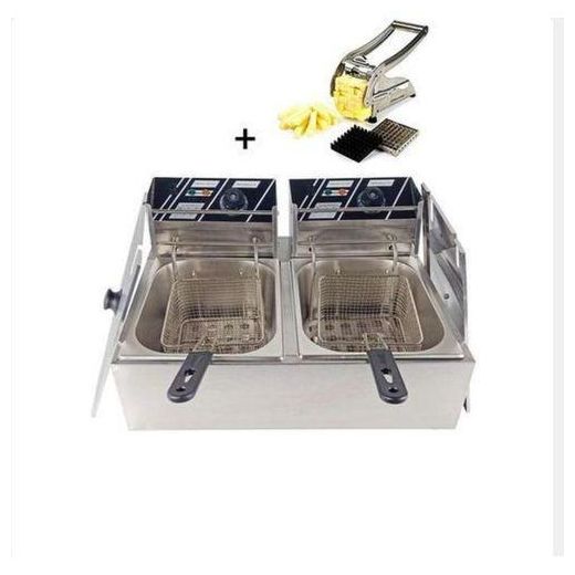 Generic Commercial Double Deep Fryer 12Ltr + Free Potato Chipper - Silver