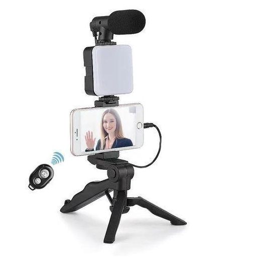 Generic Tripod for Camera Operating Video Recording Vlogging Kit for Video Making, Mic, Mini Tripod Stand, LED Light & Phone Holder Clip for Podcasting With Microphone and And Light For Live Broadcast - Black