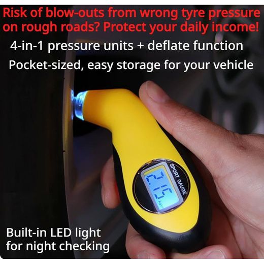 Generic Yellow Digital Tyre Pressure Gauge with LED Light, Portable Tyre Air Pressure Check Tool for Car, SUV, Van & Mini Vehicle Daily Inspection