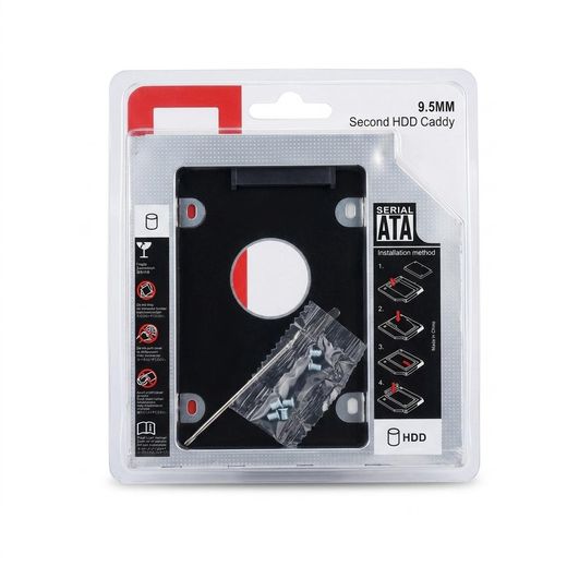 9.5 mm 9.5mm SATA second hard drive caddy designed to fit in a laptop's optical drive bay. Hdd caddy