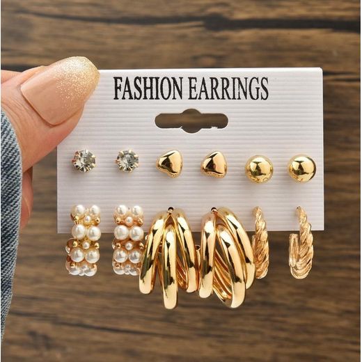 Fashion 6 Pairs Multi-style Earrings Ladies Hoop Pearl Ring shape eardrop -Fashionable Women's Exquisite Dangle Earrings and Ear studs Set , Gold Vintage-Style earring For Women Girl