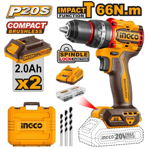 INGCO CIDLI20508 - Lithium-Ion Brushless Impact Drill - Orange