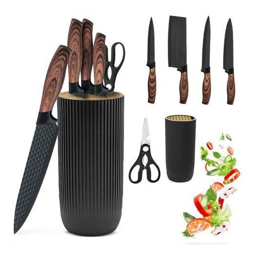 Generic 6-Piece Kitchen Knife Set with Block Holder Ultra-Sharp Anti-Rust Stainless Steel Chef Knife Set with Wooden Handles & Scissors, Cleaver, Utility & Paring Knives for Home Cooking