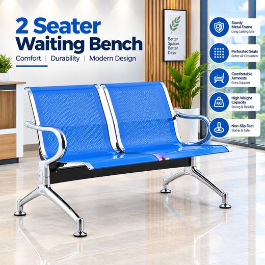 2-Seater Steel Waiting chair Room Chair – Heavy-Duty Chrome Airport & Reception Bench-Blue