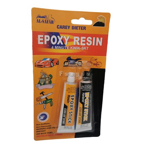 Generic two-part epoxy adhesive kit containing separate tubes of resin and hardener designed for fast-acting, high-strength repairs