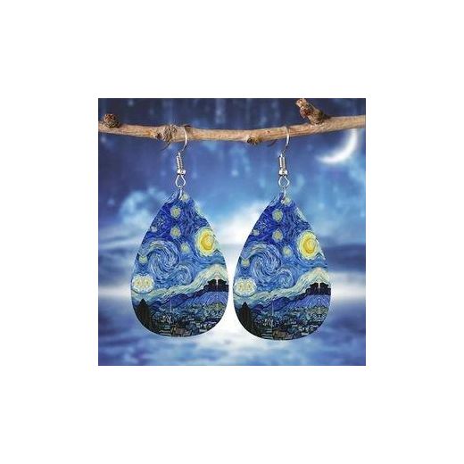 Fashion 1pcs wooden retro art Van Gogh art oil painting starry sky pattern earrings, simple design sense ladies student earrings gift