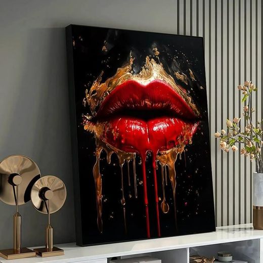Luxurious Abstract Red & Gold Melting Lips Canvas Wall Art 