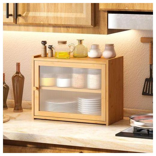 Generic Elegant Wooden Countertop Storage Cabinet with Fluted Glass Door