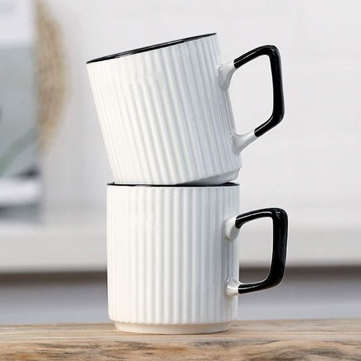Generic 3 Elegant Ribbed Ceramic Mugs – Modern White & Black Design for Coffee & Tea - image 2