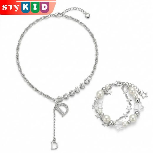 STY Girls Necklace & Bracelet Set Sweet-Cool Style Micro-set Rhinestone Necklaces Double-Layer Bracelets
