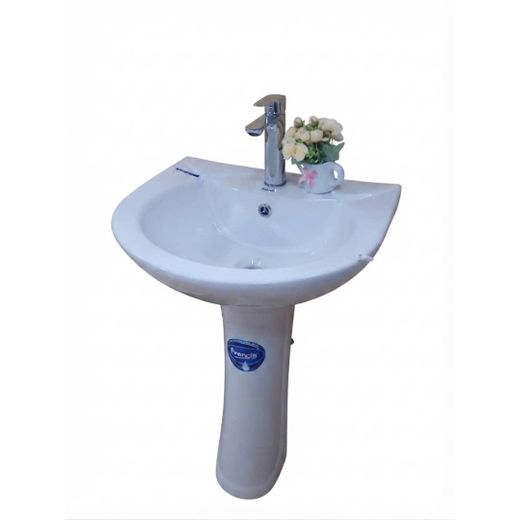 Modern Ceramic Pedestal Bathroom Wash Basin with Faucet – White/Silver