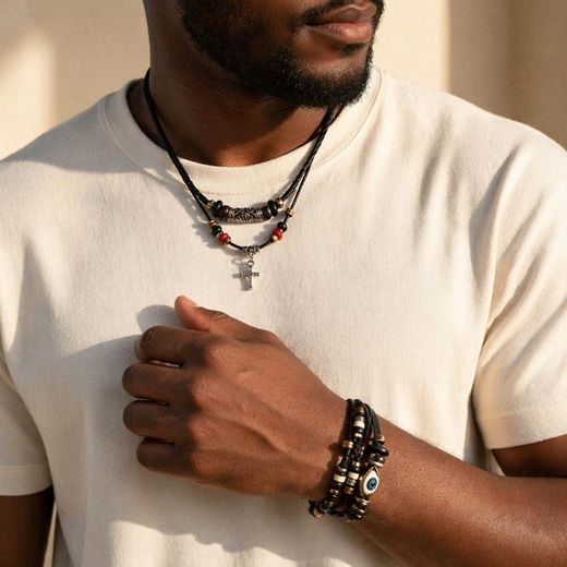 ARHANORY Mens Cross Necklace Evil Eye Bracelets Leather Pendant Necklace Adjustable Braided Cord Vintage Beaded Jewelry - image 4