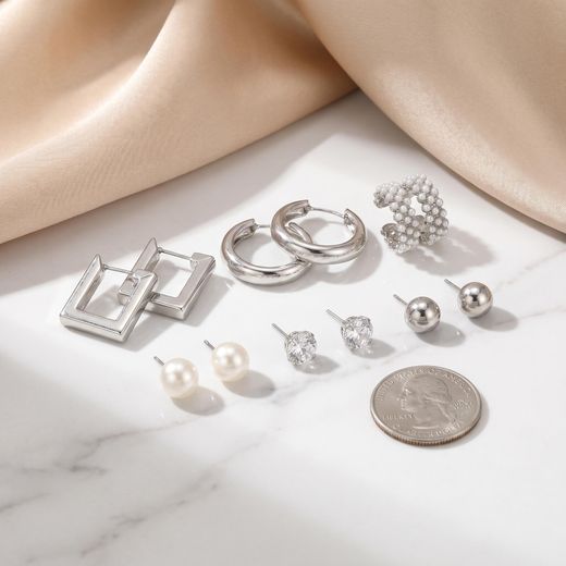Fashion 6 Pairs Vintage Stud & Hoop Earrings Set for Women - Silver Daily Wear - image 3