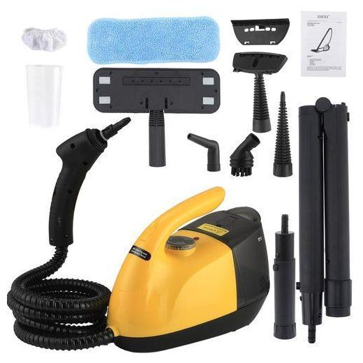 Generic Handheld multifunction steam cleaner laid out with its original box and various accessory attachments, including extension poles, nozzle brushes, a measuring cup, and a blue microfiber cloth. Similar portable high-pressure steam cleaning systems