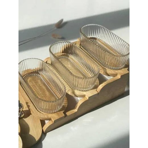 Generic 3 Jars 3 Tier Glass Snacks Serving Bowls Set Platters With Bamboo Wooden Tray Stand Rack And Lids For  Dessert, Fruit, Vegetables, Appetizer, Cake, Candy, Chip Dip Food Storage- Clear - image 4