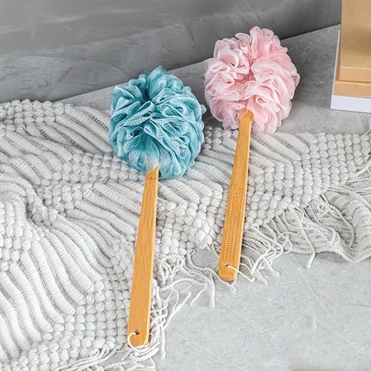 Generic Long Handled Bath Sponge Loofah Set (2-Piece) – Back Scrubber Mesh Pouf with Durable Wooden Handle for Showering-multicolor