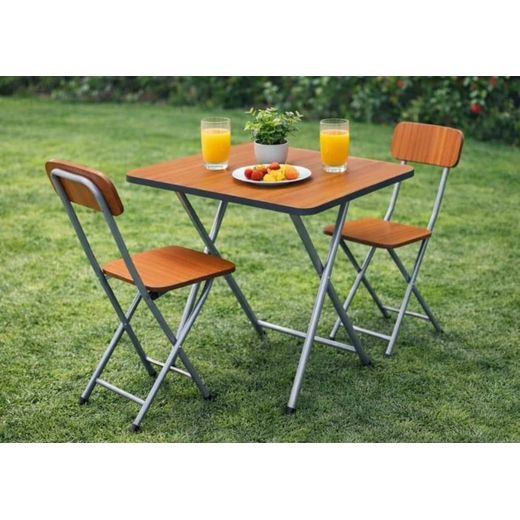 X shaped Portable foldable table with 2 chairs - brown