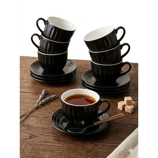 Happy Home Set Of Small 6 Cups & 6 Saucers Ad001-8 - Black -White,.