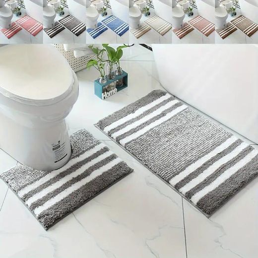 Generic 2 Pieces Of Microfiber Bathroom Mats Set, Striped Pattern Non-Slip Bathroom Rug  U-Shape Toilet Mat  Machine Washable Super Water Absorbent Bath Rug Door Mat, Bathroom Decor- Multicolor - image 3