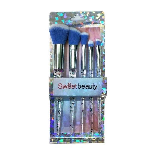Generic 5-piece  mini makeup brush set features soft synthetic bristles and transparent handles filled with floating fruit graphics.