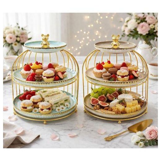 1 Piece Of 3 Tiered Serving Tray Dessert Cupcake Stand Iron Art Nordic Style Bird Cage Rack Makeup Lipstick Perfume Cosmetic Skin Care Product Storage Rack Table Bathroom Organizer with Gold Plated Table Top Holder Case for Dressing Table with Diamond Top