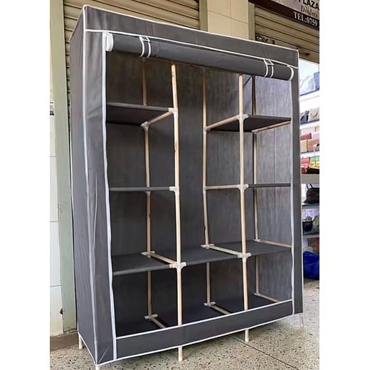 Portable Fabric Wardrobe Closet with Wooden Frame - 3 Column Organizer - grey