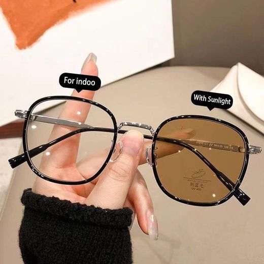 Fashion Women's Glasses Anti Blue Light Photochromic Non-Prescription - Black Metal Frame
