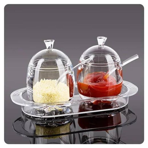 Generic 2 Pcs Acrylic Seasoning Box Clear Seasoning Rack Spice Pots & Storage Container Condiment Jars with Cover, Spoon and Tray for Spice, Salt, Coffee, Tea (Egg Shape)- Clear - image 3
