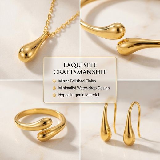 ARHANORY 4-Piece Jewelry Set Ladies Necklace Bracelet & Ring Earrings Adjustable - Gold - image 4