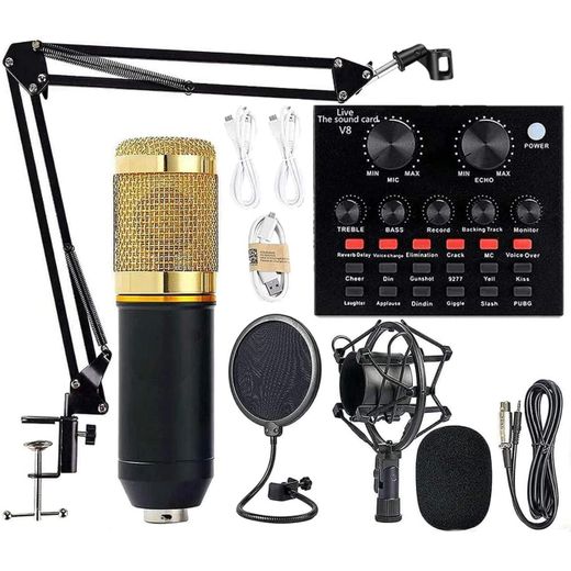 Generic BM800 Professional Mic Condenser Microphone V8 Sound Card Set for Webcast Live - Black