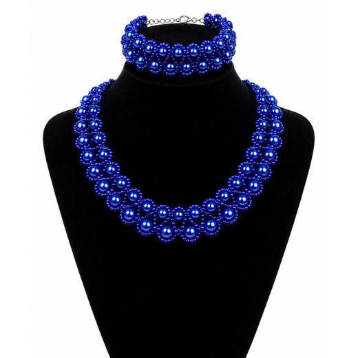 Women’s Blue Beaded Necklace & Choker Jewelry Set – Elegant Statement Accessories