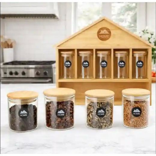 Generic Bamboo Wooden House Shaped Storage Organizer with Glass Food Jars - 9 Piece Clear Glass Canisters with Bamboo Lids for Coffee, Spices, and Kitchen Countertop Decor